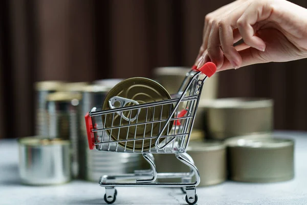 Canned food in shopping cart toy with Hand