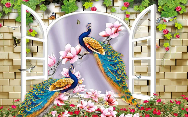 Flower Peacock Background Wall — 图库照片