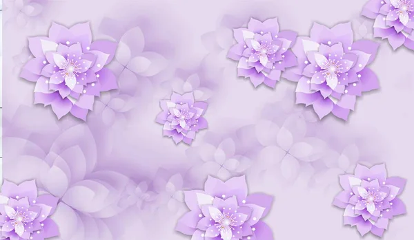 紫色3D墙纸 上有花 复制空间的背景 — 图库照片