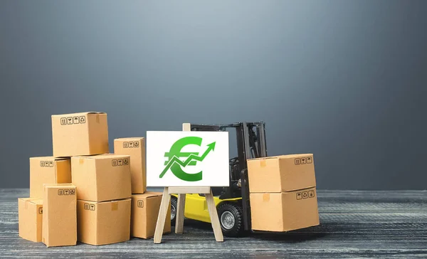 Kutuların Yanında Forklift Yeşil Euro Pozitif Büyüme Tablosuyla Sehpa Artan — Stok fotoğraf