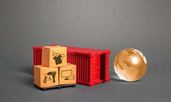 Turuncu Küre Karton Kutular Kırmızı Nakliye Konteynırı Uluslararası Dünya Ticareti — Stok fotoğraf