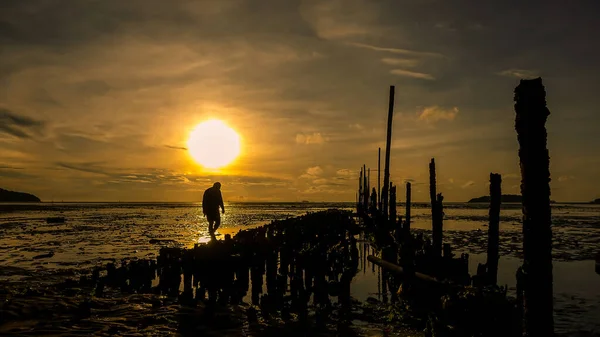 Silueta Hombre Caminando Playa Amanecer — Foto de Stock