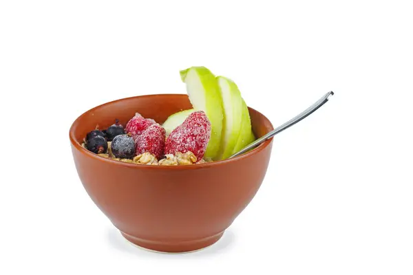 Breakfast Ceramic Bowl Oat Flats Frozen Berries Apple Slices — Stock Photo, Image