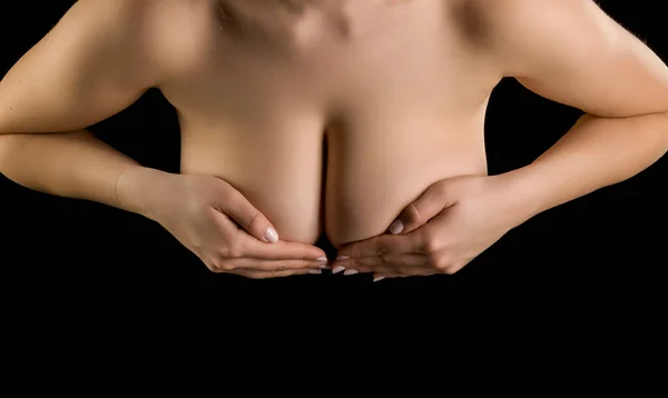 Woman Holds Her Big Breasts Her Hands — Stock Photo, Image