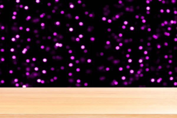 wood table board empty in front, wooden plank blank on bokeh violet purple luxurious background dark, perspective brown wood table front for mock up display products