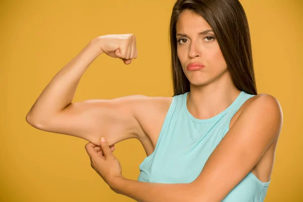 Young Woman Pinching Fat Her Hand — Stock Photo, Image