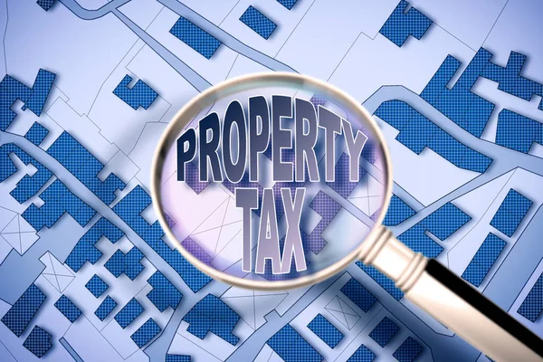 Property Tax Concept Beeld Tegen Een Denkbeeldige Stadsplattegrond — Stockfoto