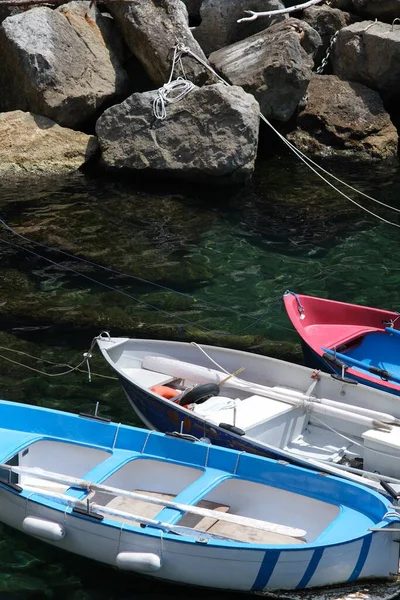 Mavi Denizde Renkli Tekneler Riomaggiore Cinque Terre — Stok fotoğraf