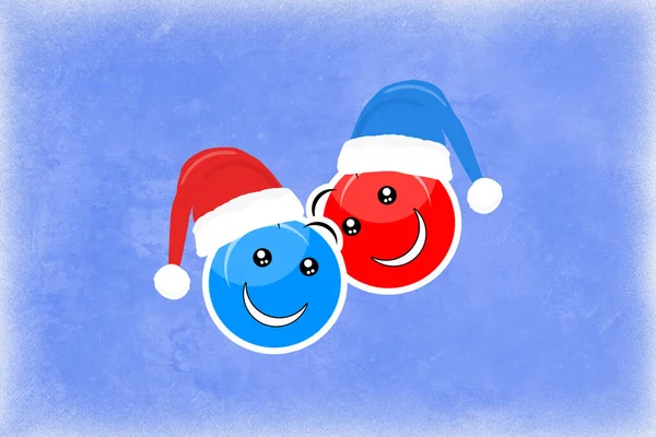 Dos Caras Sonrientes Sobre Fondo Azul Sombreros Vacaciones Simbolizan Navidad — Foto de Stock