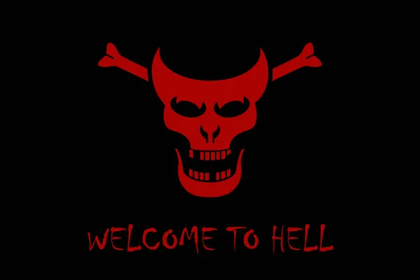 地獄へようこそテキストと黒の背景に悪魔の様式化された赤い頭蓋骨 — ストック写真