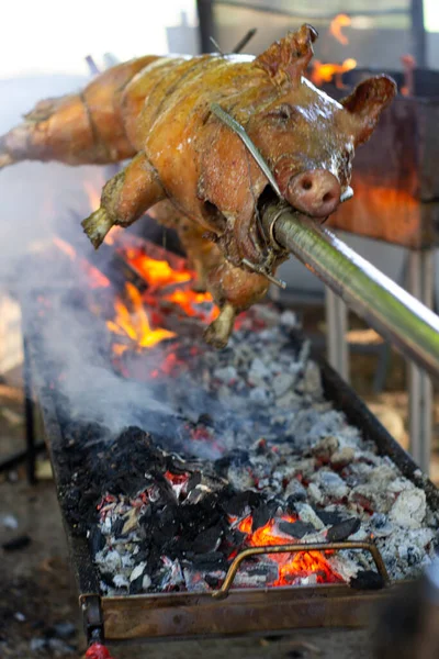 Roast Pig Spit Pig Cooking Germany — Stockfoto