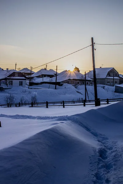 Casas Vallas Madera Cubiertas Nieve Siberia Rusia —  Fotos de Stock