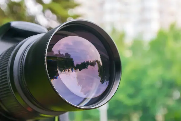 Close Camera Lens Which Street Reflected — Stock Photo, Image