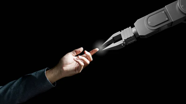 Roboterarm Und Menschliche Hand Berühren Sich Wie Adam Zeichen Isoliert — Stockfoto