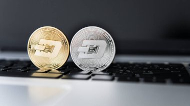 Gümüş ve altın Dash Cryptocurrency laptop klavye üzerinde. Sanal para. İş, ticaret. Dijital para ve sanal kripto para kavramı. Yatırım. İş, ticaret. Araştırma üzerinden kar.