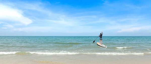 Sup Stand Paddle Board Machen Sie Sich Bereit Glückliche Frau — Stockfoto