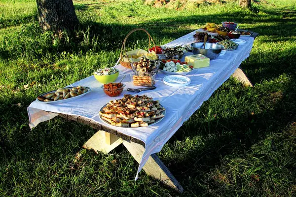 Τραπέζι Φαγητού Στο Καλοκαιρινό Πάρκο — Φωτογραφία Αρχείου