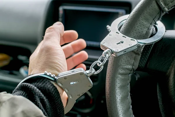 Car Driver Hand Handcuffed Steering Wheel Arrest Driving Ban — kuvapankkivalokuva