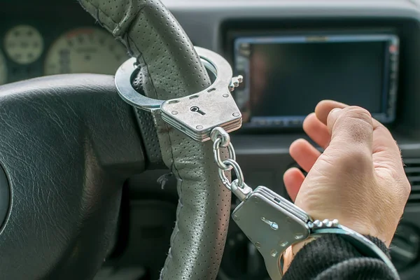 Car Driver Hand Handcuffed Steering Wheel Arrest Driving Ban — Foto de Stock