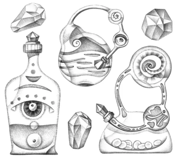 Illustration Der Alchemie Werkzeuge Auf Weiß — Stockfoto