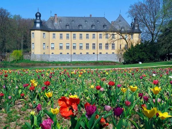 Zamek Schloss Dyck Juechen Wiosną — Zdjęcie stockowe