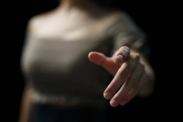 Woman Touching Visual Screen Her Finger — Stok fotoğraf