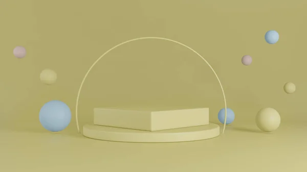 Yellow backdrop stage with circle and pastel bubble decoration