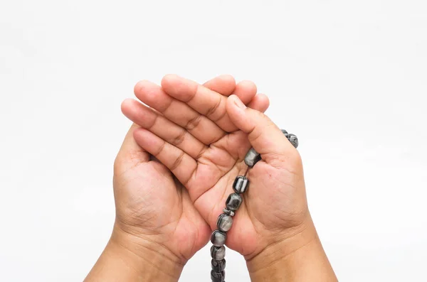 Person Holding Rosary White Background — Stock Photo, Image