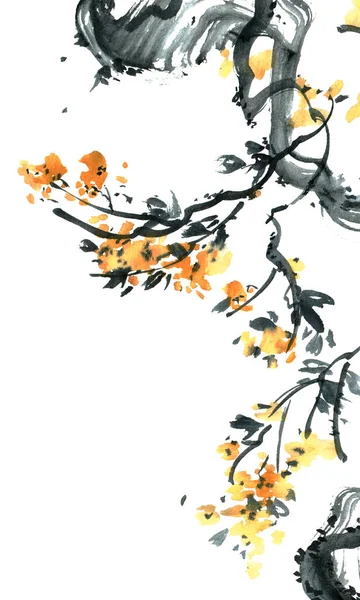 Akvarell Blomma Plommon Träd — Stockfoto