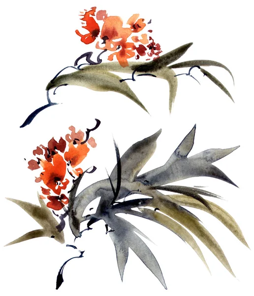 Akvarell Virágos Ágak Közel — Stock Fotó