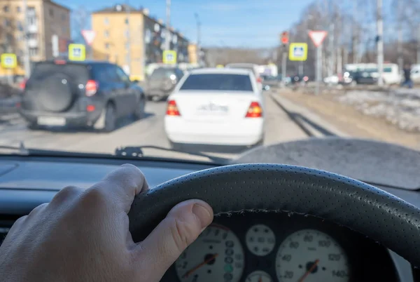 Driver Hand Steering Wheel Car — Stok fotoğraf