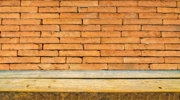 Wooden Shelf Orange Brick Wall — Stock Photo, Image