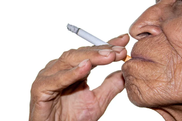 Giornata Mondiale Del Tabacco Uomo Asiatico Anziano Fuma Isolato Sfondo — Foto Stock