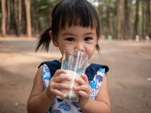 Asiatique Petit Enfant Est Boire Lait Partir Verre Dans Jardin — Photo