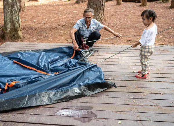 アジアの祖父と子供の少女がキャンプ場にテントを設置するのを手伝っています — ストック写真