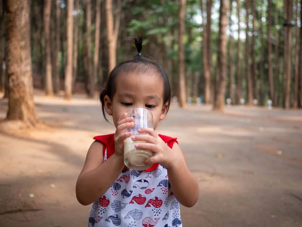Asiático Pequeño Niño Está Bebiendo Leche Vidrio Jardín Deliciosamente —  Fotos de Stock