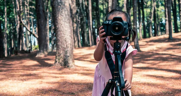 Щаслива Азіатська Маленька Дитина Стоїть Камерою Посміхається Обличчям Соснового Лісу — стокове фото