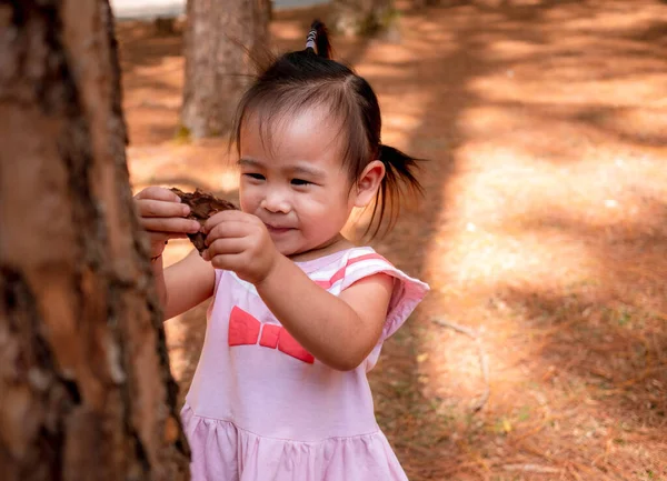 Heureuse Petite Fille Asiatique Debout Jouant Sous Pin Visage Souriant — Photo