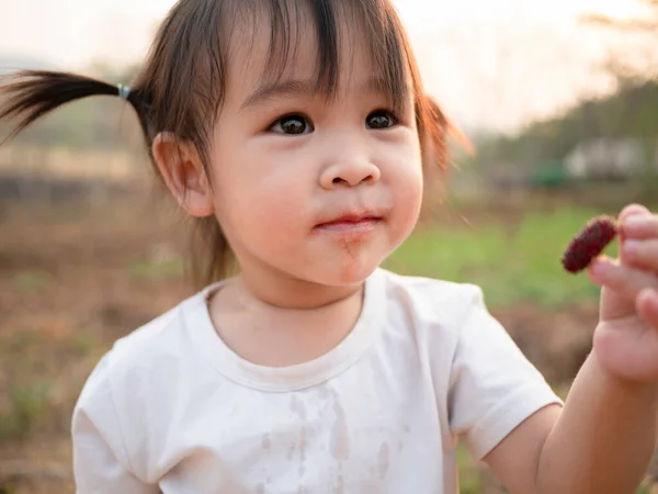 Asiatique Petite Fille Tester Goût Des Boules Mûrier Frais Début — Photo