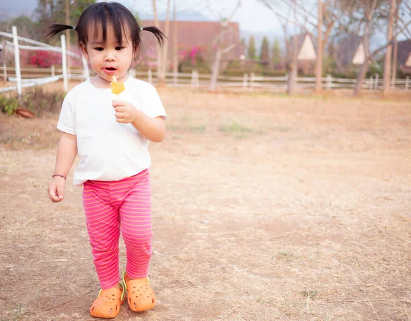 Asian Little Girl Walking Eating Ice Cream Deliciously Summer Park — Stockfoto