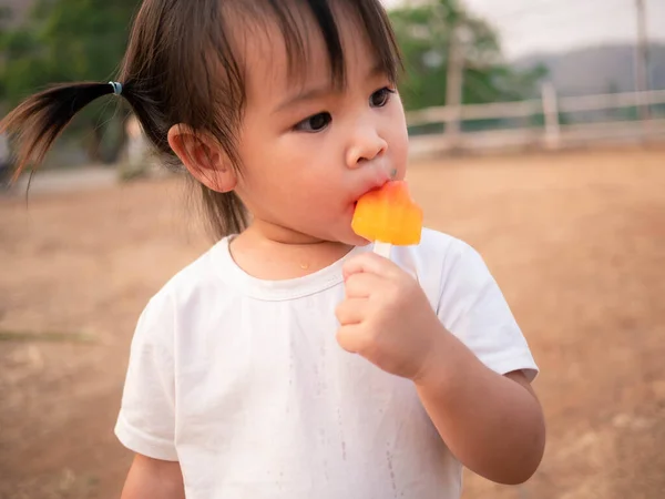 Cheerful Asian Little Girl Eating Ice Cream Delicious Park — Photo