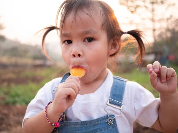 Asian Little Girl Walking Park Eating Ice Cream Deliciously Summer — Stockfoto