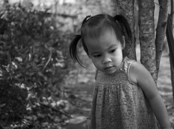 Asiatique Petite Fille Debout Solitaire Avec Arbre Dans Jardin — Photo