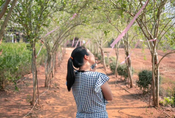Asian Young Women Talking Phone Jasmine Garden Touching Ribbon Tree — Stock Photo, Image