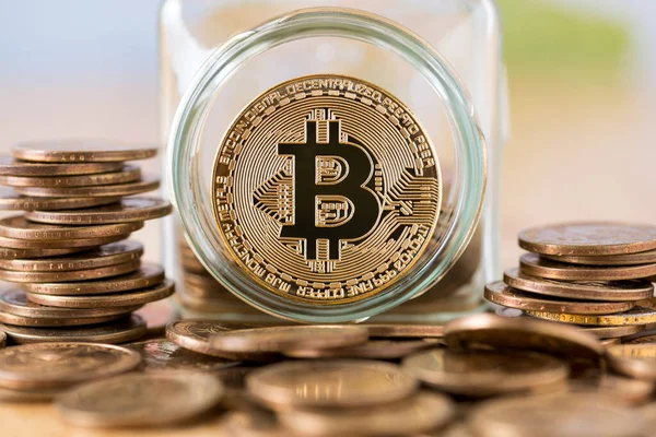 Bitcoin Coins Splash Out Glass Bottle Saving Money — Stock Photo, Image