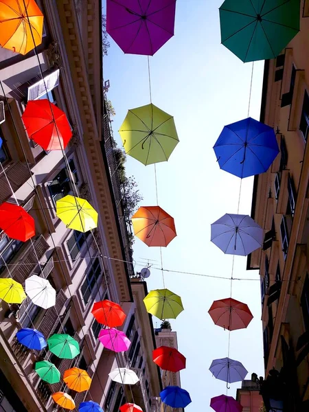 Mes Del Orgullo Paraguas Color Colgando Calle —  Fotos de Stock