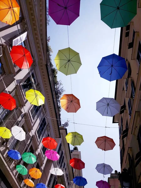 Гордость Месяца Цветные Зонтики Висят Улице — стоковое фото