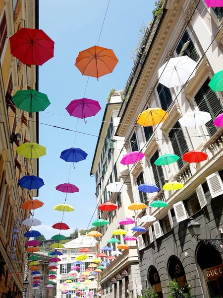 Mes Del Orgullo Paraguas Color Colgando Calle — Foto de Stock