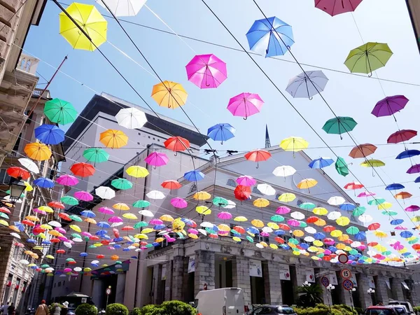 Pride Month Color Umbrellas Hanging Street — Stock Photo, Image