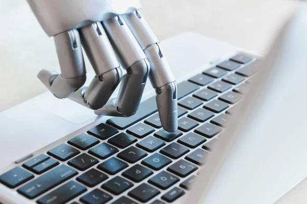 Robot Händer Och Fingrar Peka Laptop Button Advisor Chatbot Robotic — Stockfoto